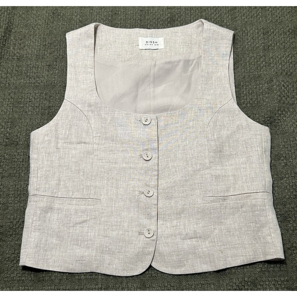 DISSH Linen Waistcoat Vest Natural Oatmeal Scoop Neck Button Tailored. Size 6